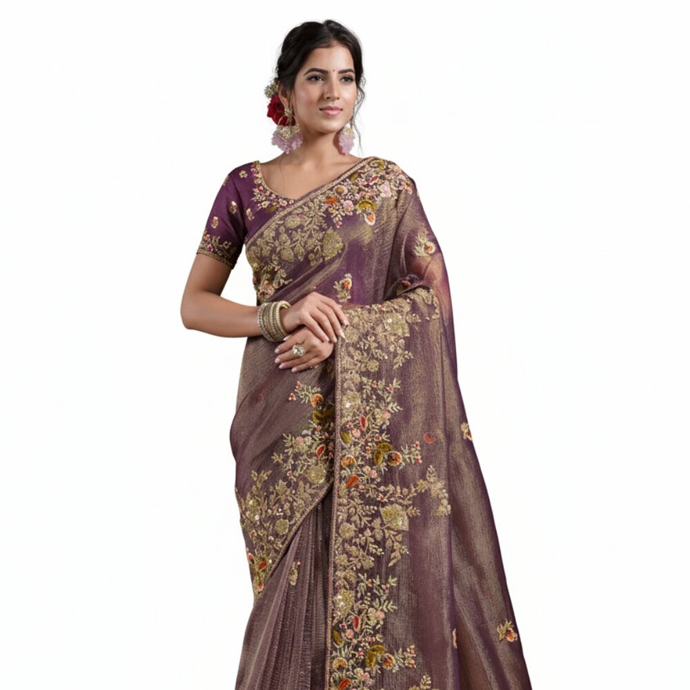 Elegant Women's Embroidered Viscose Silk Satin Saree - Purple Banarasi Crush